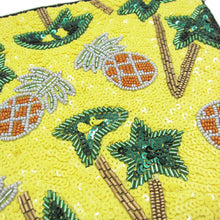 Load image into Gallery viewer, TROPICAL BEADED PINEAPPLE & SEQUIN PALM TREE CLUTCH WITH CHAIN STRAP I CROSSBODY I SUMMER VACATION PARTY STATEMENT PURSE I GIFT FOR HER