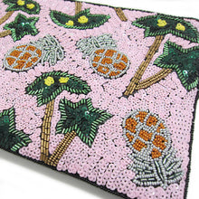 Load image into Gallery viewer, TROPICAL BEADED PINEAPPLE & SEQUIN PALM TREE CLUTCH WITH CHAIN STRAP I CROSSBODY I SUMMER VACATION PARTY STATEMENT PURSE I GIFT FOR HER