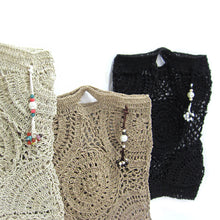 Load image into Gallery viewer, HANDWOVEN CROCHET RAFFIA TOTE BAG I LIGHTWEIGHT SUMMER PURSE WITH BEADED CHARM I BOHO STYLE OPEN KNIT HAND BAG I NATURAL FIBER BAG WITH CHARM