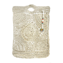 Load image into Gallery viewer, HANDWOVEN CROCHET RAFFIA TOTE BAG I LIGHTWEIGHT SUMMER PURSE WITH BEADED CHARM I BOHO STYLE OPEN KNIT HAND BAG I NATURAL FIBER BAG WITH CHARM