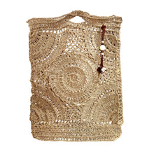 Load image into Gallery viewer, HANDWOVEN CROCHET RAFFIA TOTE BAG I LIGHTWEIGHT SUMMER PURSE WITH BEADED CHARM I BOHO STYLE OPEN KNIT HAND BAG I NATURAL FIBER BAG WITH CHARM