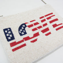 Load image into Gallery viewer, PATRIOTIC BEADED CLUTCH I 3 DESIGNS - USA, LOVE, LIPS | 4TH OF JULY CROSSBODY I USA THEMED AMERICAN FLAG PURSE I GIFT FOR MILITARY FAMILY