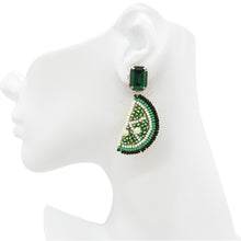 Load image into Gallery viewer, BEADED LIME SLICE EARRINGS WITH EMERALD CRYSTAL STUDS I HANDCRAFTED STATEMENT JEWELRY I TROPICAL&VACATION ACCESSORIES I GIFT FOR HER