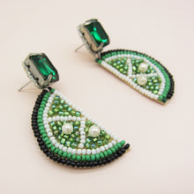 Load image into Gallery viewer, BEADED LIME SLICE EARRINGS WITH EMERALD CRYSTAL STUDS I HANDCRAFTED STATEMENT JEWELRY I TROPICAL&VACATION ACCESSORIES I GIFT FOR HER
