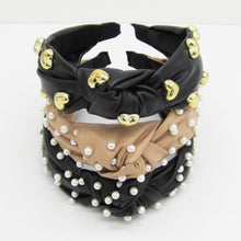 Load image into Gallery viewer, FAUX LEATHER KNOTTED HEADBAND, PEARL OR GOLD HEART EMBELLISHMENT, BLACK BEIGE HAIR ACCESSORY