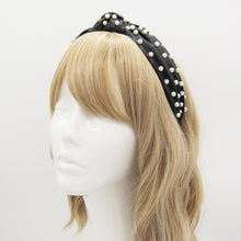 Load image into Gallery viewer, FAUX LEATHER KNOTTED HEADBAND, PEARL OR GOLD HEART EMBELLISHMENT, BLACK BEIGE HAIR ACCESSORY