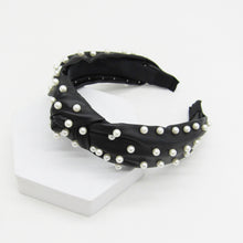 Load image into Gallery viewer, FAUX LEATHER KNOTTED HEADBAND, PEARL OR GOLD HEART EMBELLISHMENT, BLACK BEIGE HAIR ACCESSORY