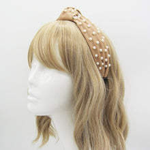 Load image into Gallery viewer, FAUX LEATHER KNOTTED HEADBAND, PEARL OR GOLD HEART EMBELLISHMENT, BLACK BEIGE HAIR ACCESSORY