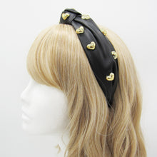 Load image into Gallery viewer, FAUX LEATHER KNOTTED HEADBAND, PEARL OR GOLD HEART EMBELLISHMENT, BLACK BEIGE HAIR ACCESSORY
