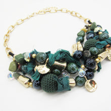 Load image into Gallery viewer, GREEN CHUNKY STATEMENT NECKLACE, GOLD TONE BEADED NECKLACE, BOHO MIXED MEDIA JEWELRY