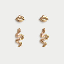 Load image into Gallery viewer, 2 PAIRS SNAKE & LIPS STUD METAL EARRINGS
