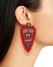 Load image into Gallery viewer, HEART SHAPE POMPOM EYE DROP EARRINGS