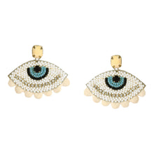 Load image into Gallery viewer, BEADED EVIL EYES POMPOM DROP EARRINGS
