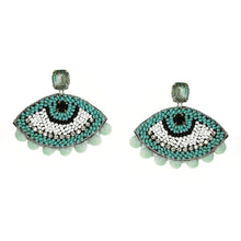 Load image into Gallery viewer, BEADED EVIL EYES POMPOM DROP EARRINGS