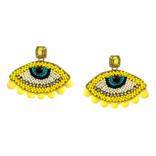 Load image into Gallery viewer, BEADED EVIL EYES POMPOM DROP EARRINGS