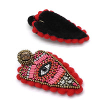 Load image into Gallery viewer, HEART SHAPE POMPOM EYE DROP EARRINGS