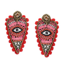 Load image into Gallery viewer, HEART SHAPE POMPOM EYE DROP EARRINGS