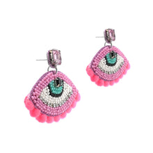 Load image into Gallery viewer, BEADED EVIL EYES POMPOM DROP EARRINGS