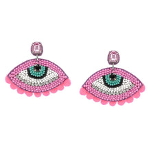 Load image into Gallery viewer, BEADED EVIL EYES POMPOM DROP EARRINGS