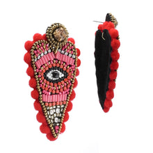 Load image into Gallery viewer, HEART SHAPE POMPOM EYE DROP EARRINGS