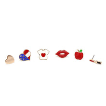 Load image into Gallery viewer, 6PCS USA FLAG, LIPS, LIPSTICK, T-SHIRTS, APPLE, HEART STUD EARRINGS