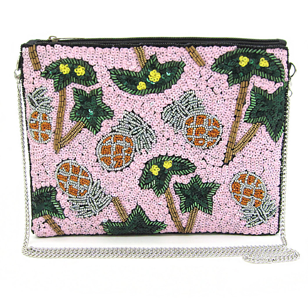 TROPICAL BEADED PINEAPPLE & SEQUIN PALM TREE CLUTCH WITH CHAIN STRAP I CROSSBODY I SUMMER VACATION PARTY STATEMENT PURSE I GIFT FOR HER