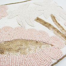 Load image into Gallery viewer, HAND BEADED PALM TREE CLUTCH BAG – TROPICAL BOHO BEADED PURSE WITH CHAIN STRAP | PINK &amp; WHITE EMBELLISHED EVENING BAG
