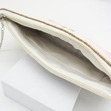 Load image into Gallery viewer, HAND BEADED PALM TREE CLUTCH BAG – TROPICAL BOHO BEADED PURSE WITH CHAIN STRAP | PINK &amp; WHITE EMBELLISHED EVENING BAG
