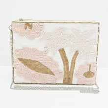 Load image into Gallery viewer, HAND BEADED PALM TREE CLUTCH BAG – TROPICAL BOHO BEADED PURSE WITH CHAIN STRAP | PINK &amp; WHITE EMBELLISHED EVENING BAG
