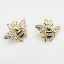 Load image into Gallery viewer, GOLD BEE STUD EARRINGS, RHINESTONE BUMBLE BEE EARRINGS, INSECT STATEMENT EARRINGS, BLACK ENAMEL BEE JEWELRY, GIFT FOR HER
