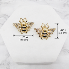 Load image into Gallery viewer, GOLD BEE STUD EARRINGS, RHINESTONE BUMBLE BEE EARRINGS, INSECT STATEMENT EARRINGS, BLACK ENAMEL BEE JEWELRY, GIFT FOR HER
