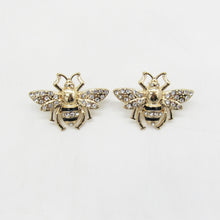 Load image into Gallery viewer, GOLD BEE STUD EARRINGS, RHINESTONE BUMBLE BEE EARRINGS, INSECT STATEMENT EARRINGS, BLACK ENAMEL BEE JEWELRY, GIFT FOR HER
