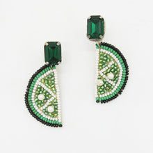Load image into Gallery viewer, BEADED LIME SLICE EARRINGS WITH EMERALD CRYSTAL STUDS I HANDCRAFTED STATEMENT JEWELRY I TROPICAL&amp;VACATION ACCESSORIES I GIFT FOR HER
