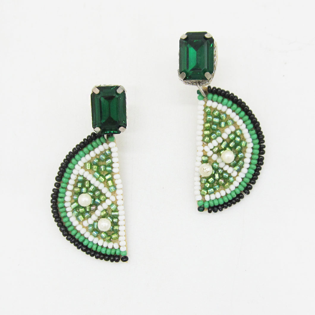 BEADED LIME SLICE EARRINGS WITH EMERALD CRYSTAL STUDS I HANDCRAFTED STATEMENT JEWELRY I TROPICAL&VACATION ACCESSORIES I GIFT FOR HER