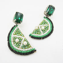 Load image into Gallery viewer, BEADED LIME SLICE EARRINGS WITH EMERALD CRYSTAL STUDS I HANDCRAFTED STATEMENT JEWELRY I TROPICAL&amp;VACATION ACCESSORIES I GIFT FOR HER
