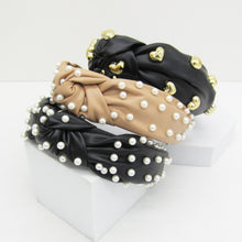 Load image into Gallery viewer, FAUX LEATHER KNOTTED HEADBAND, PEARL OR GOLD HEART EMBELLISHMENT, BLACK BEIGE HAIR ACCESSORY

