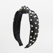 Load image into Gallery viewer, FAUX LEATHER KNOTTED HEADBAND, PEARL OR GOLD HEART EMBELLISHMENT, BLACK BEIGE HAIR ACCESSORY
