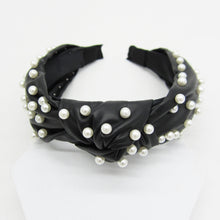 Load image into Gallery viewer, FAUX LEATHER KNOTTED HEADBAND, PEARL OR GOLD HEART EMBELLISHMENT, BLACK BEIGE HAIR ACCESSORY
