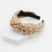 Load image into Gallery viewer, FAUX LEATHER KNOTTED HEADBAND, PEARL OR GOLD HEART EMBELLISHMENT, BLACK BEIGE HAIR ACCESSORY
