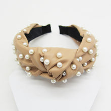 Load image into Gallery viewer, FAUX LEATHER KNOTTED HEADBAND, PEARL OR GOLD HEART EMBELLISHMENT, BLACK BEIGE HAIR ACCESSORY
