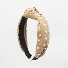Load image into Gallery viewer, FAUX LEATHER KNOTTED HEADBAND, PEARL OR GOLD HEART EMBELLISHMENT, BLACK BEIGE HAIR ACCESSORY
