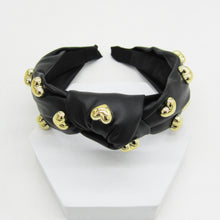 Load image into Gallery viewer, FAUX LEATHER KNOTTED HEADBAND, PEARL OR GOLD HEART EMBELLISHMENT, BLACK BEIGE HAIR ACCESSORY
