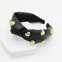 Load image into Gallery viewer, FAUX LEATHER KNOTTED HEADBAND, PEARL OR GOLD HEART EMBELLISHMENT, BLACK BEIGE HAIR ACCESSORY
