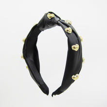 Load image into Gallery viewer, FAUX LEATHER KNOTTED HEADBAND, PEARL OR GOLD HEART EMBELLISHMENT, BLACK BEIGE HAIR ACCESSORY
