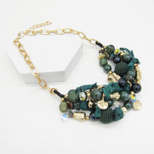 Load image into Gallery viewer, GREEN CHUNKY STATEMENT NECKLACE, GOLD TONE BEADED NECKLACE, BOHO MIXED MEDIA JEWELRY

