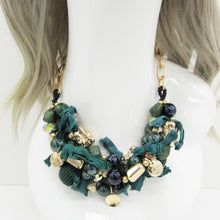 Load image into Gallery viewer, GREEN CHUNKY STATEMENT NECKLACE, GOLD TONE BEADED NECKLACE, BOHO MIXED MEDIA JEWELRY
