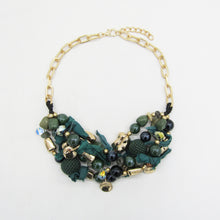 Load image into Gallery viewer, GREEN CHUNKY STATEMENT NECKLACE, GOLD TONE BEADED NECKLACE, BOHO MIXED MEDIA JEWELRY
