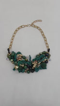 Load and play video in Gallery viewer, GREEN CHUNKY STATEMENT NECKLACE, GOLD TONE BEADED NECKLACE, BOHO MIXED MEDIA JEWELRY
