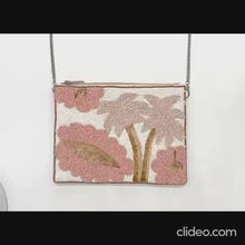 Load and play video in Gallery viewer, HAND BEADED PALM TREE CLUTCH BAG – TROPICAL BOHO BEADED PURSE WITH CHAIN STRAP | PINK &amp; WHITE EMBELLISHED EVENING BAG
