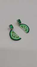 Load and play video in Gallery viewer, BEADED LIME SLICE EARRINGS WITH EMERALD CRYSTAL STUDS I HANDCRAFTED STATEMENT JEWELRY I TROPICAL&amp;VACATION ACCESSORIES I GIFT FOR HER
